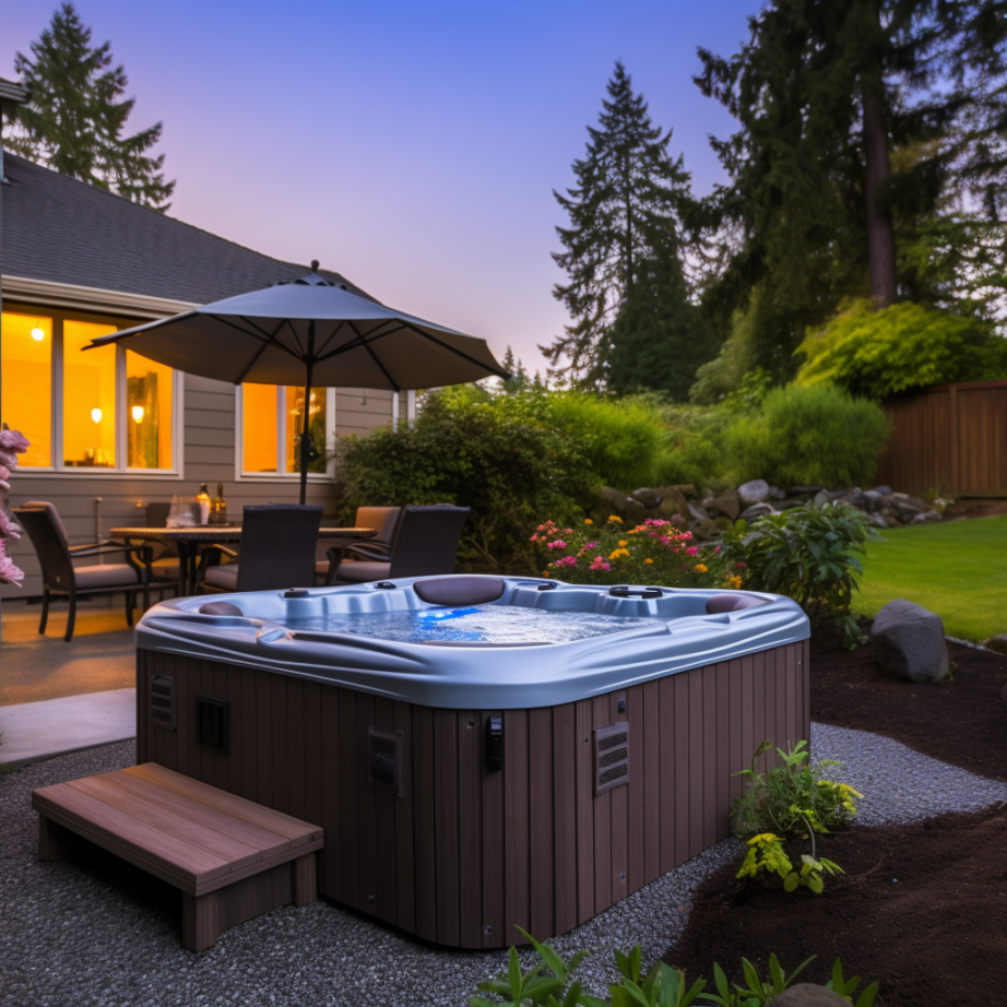 A hot tub in the backyard of a home