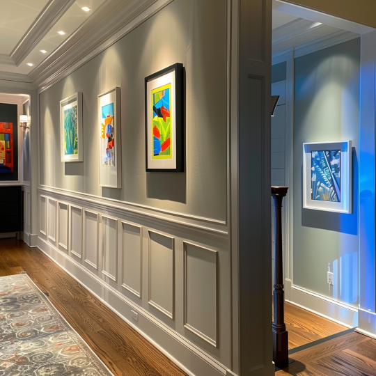 a hallway with artwork that is illuminated by new artwork lighting